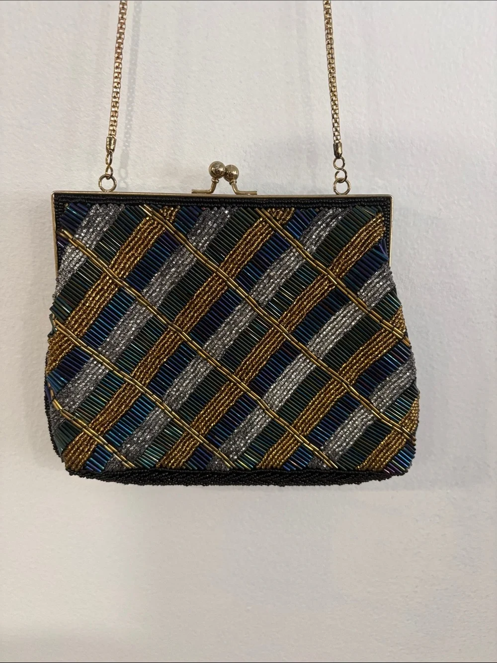 Vintage Beaded Plaid Evening Crossbody Bag in Black and Gold